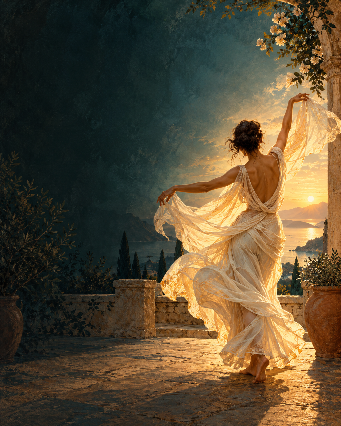 Ilustración simbólica de una bailarina expresiva al amanecer; imagen de campaña aprobada por Judith